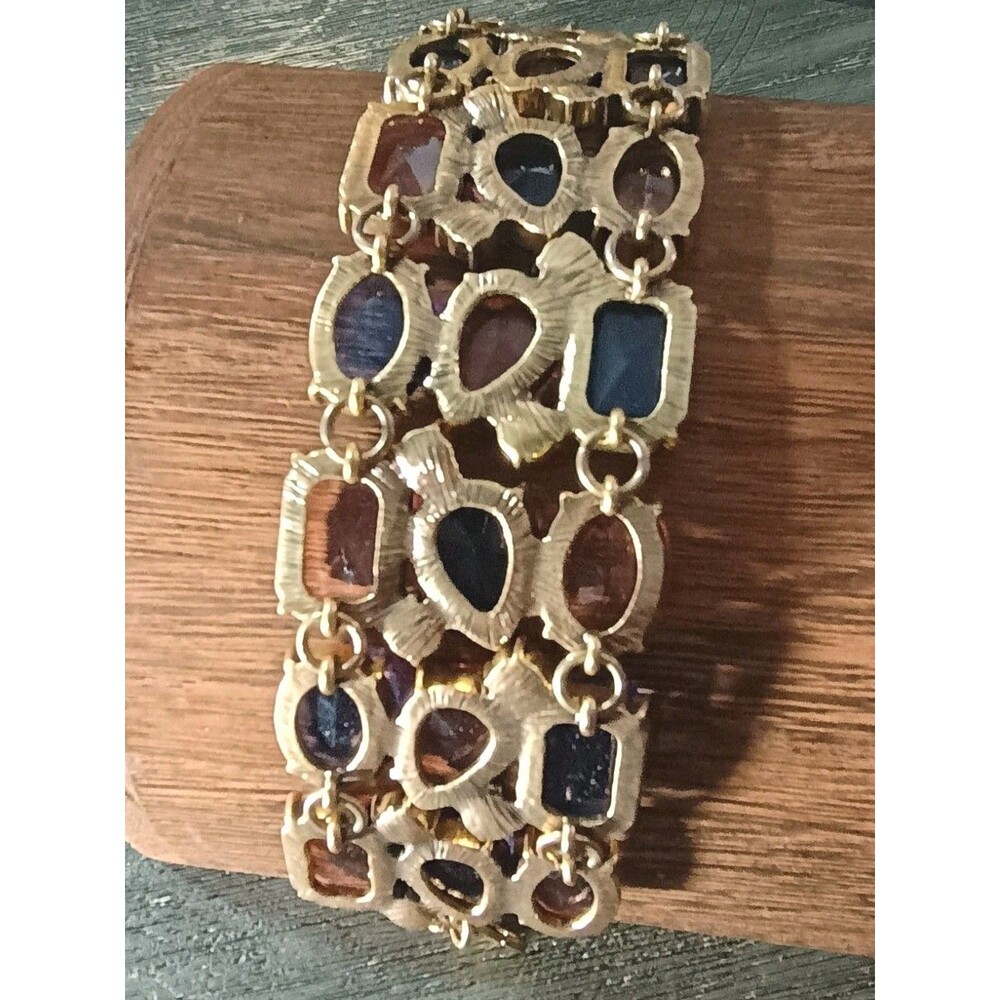 Graziano Blue Pink Clear Rhinestone Gold Tone Vintage Adjustable Bracelet - Picture 5 of 8
